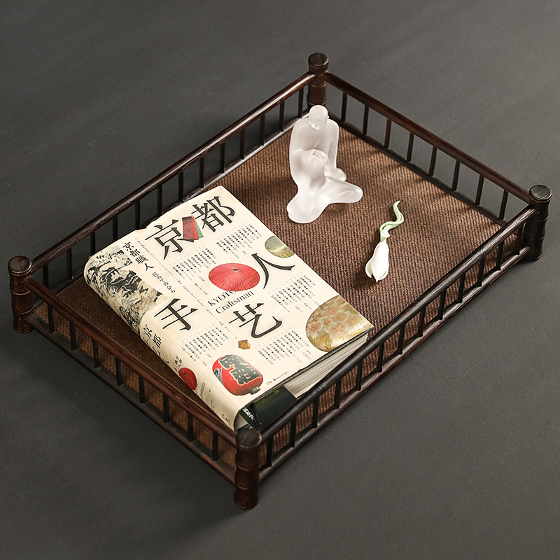 和风日席茶盘藤编面竹制托盘壶承奉茶盘围栏干泡盘茶杯架收纳置物