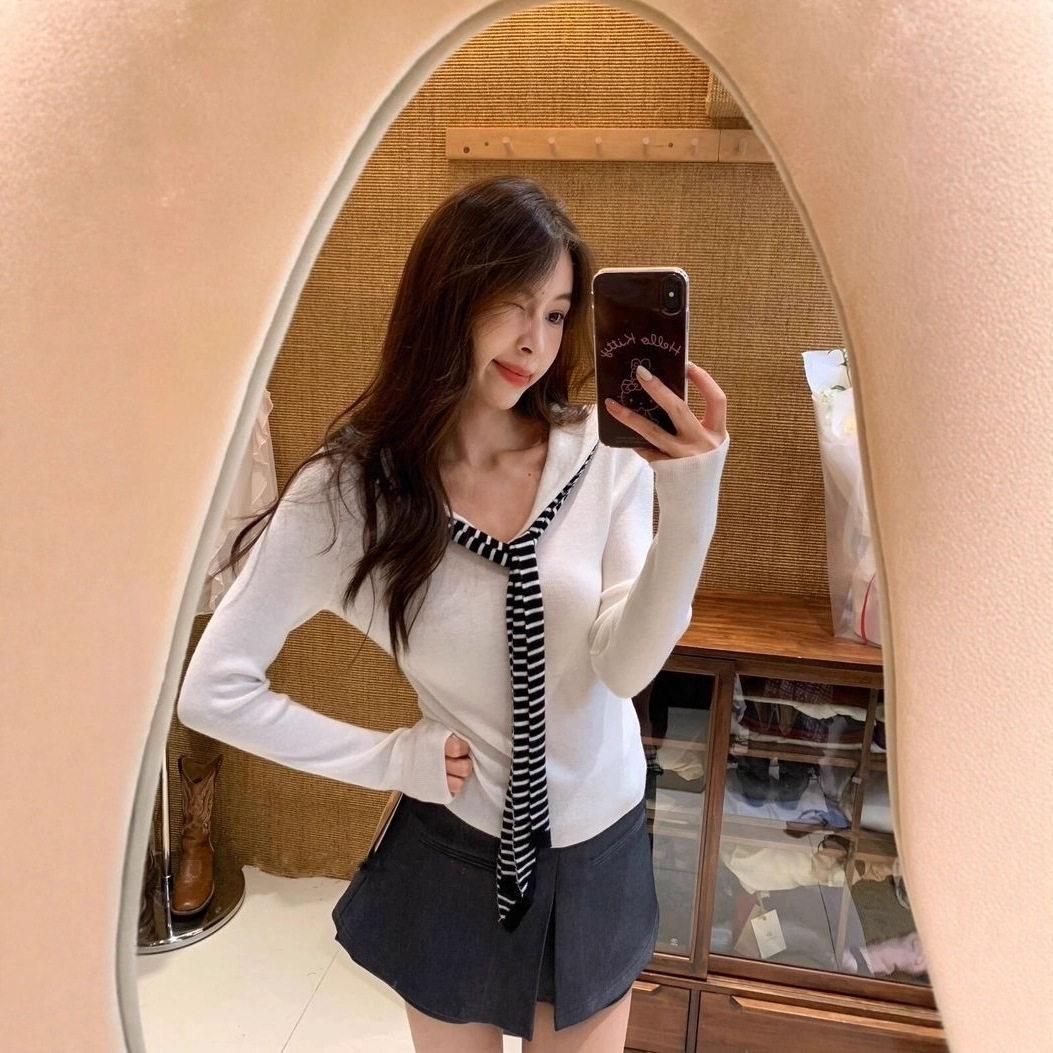 2025秋冬甜美减龄海军领撞色绑带针织衫女新款韩版显瘦长袖上衣服