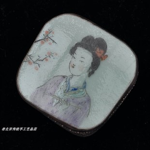 老瓷片盒银锭盒元宝盒胭r脂盒首饰盒手工錾刻德银仕女图手工艺老