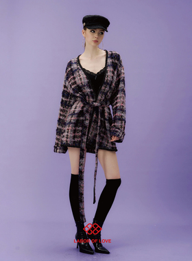 Labor of Love 反叛千金 原创设计黑紫格小香风浴袍式外套开衫