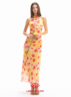 Labor of Love 赤焰蔷薇 原创设计黄玫瑰斜裁挂脖无袖长连衣裙