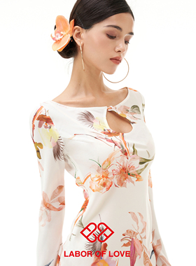 Labor of Love 橙花 原创设计法式印花水滴领喇叭袖斜裁长连衣裙