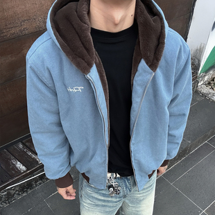 MAISTEP 冰川蓝底特律保暖连帽座山雕重磅帆布水洗boxy厚棉服 美式