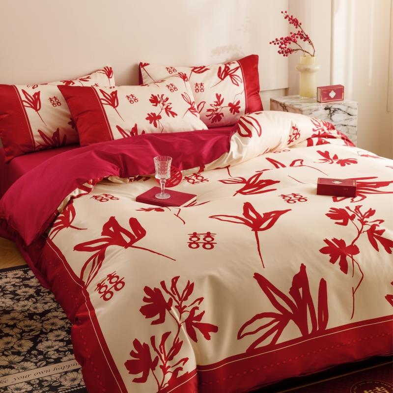 新中式数码印花婚庆四件套红色结婚陪嫁床上用品新婚喜被床单被套