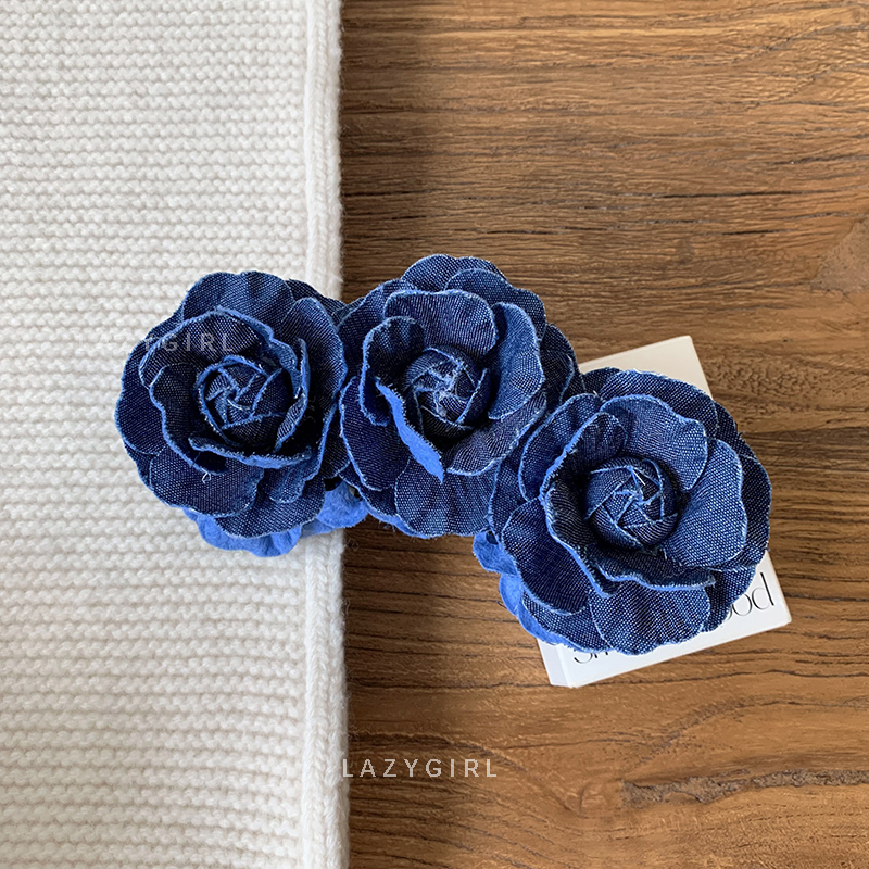 仔蓝牛仔~手工玫瑰花抓夹大号新
