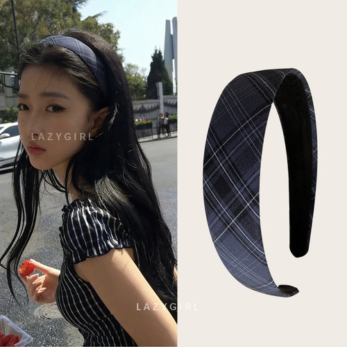 藏蓝色~韩系复古格纹发箍女宽边