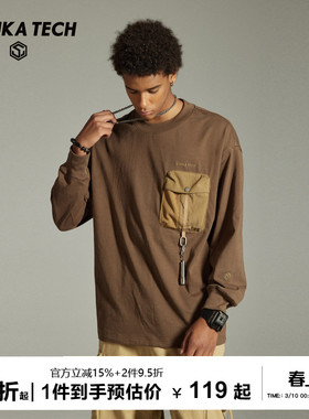 古由卡GuukaTech重磅纯棉立体口袋长袖T恤男工装上衣美拉德打底衫