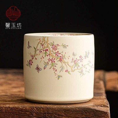 米黄汝窑蝶恋花茶渣缸水盂陶瓷废水桶大号烟灰缸漏T斗防烟灰飞烟