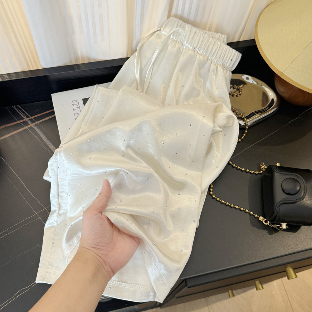 实拍新中式醋酸缎面烫钻直筒裤女夏新款高腰休闲显瘦垂感阔腿裤子