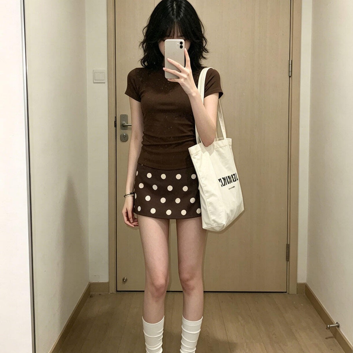 短袖t恤高腰波点包臀短裙两件套女时尚套装