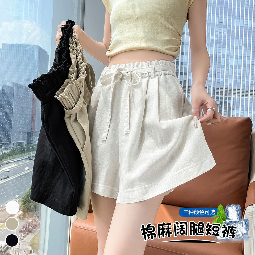实拍~冰丝棉麻西装短裤女夏季2026高腰亚麻a字阔腿休闲显瘦五分裤