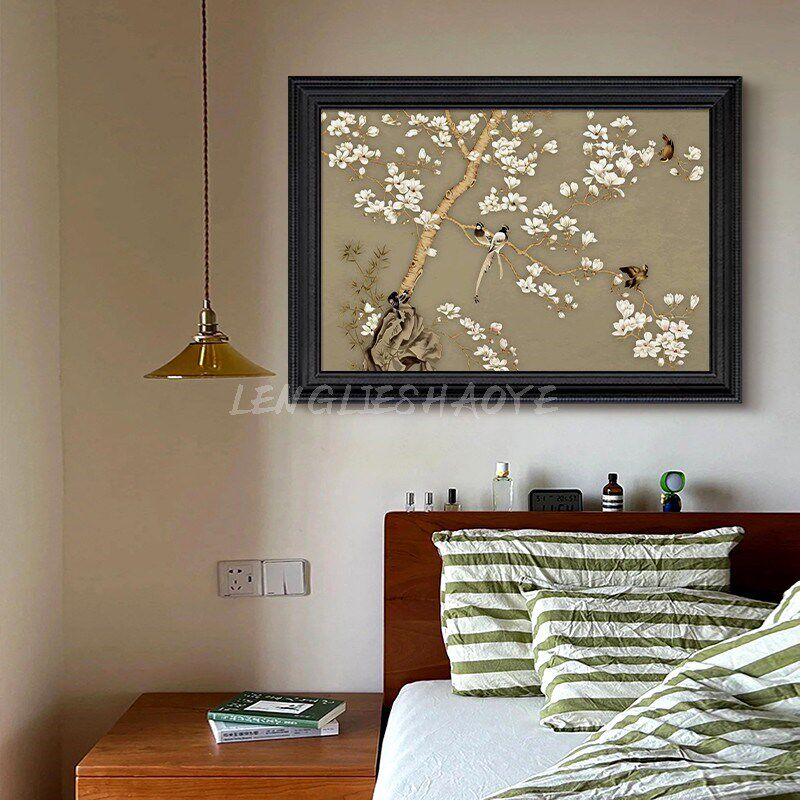 新中式复古手绘油画中古工笔花鸟客厅餐厅装M饰画喜上枝头玄关挂
