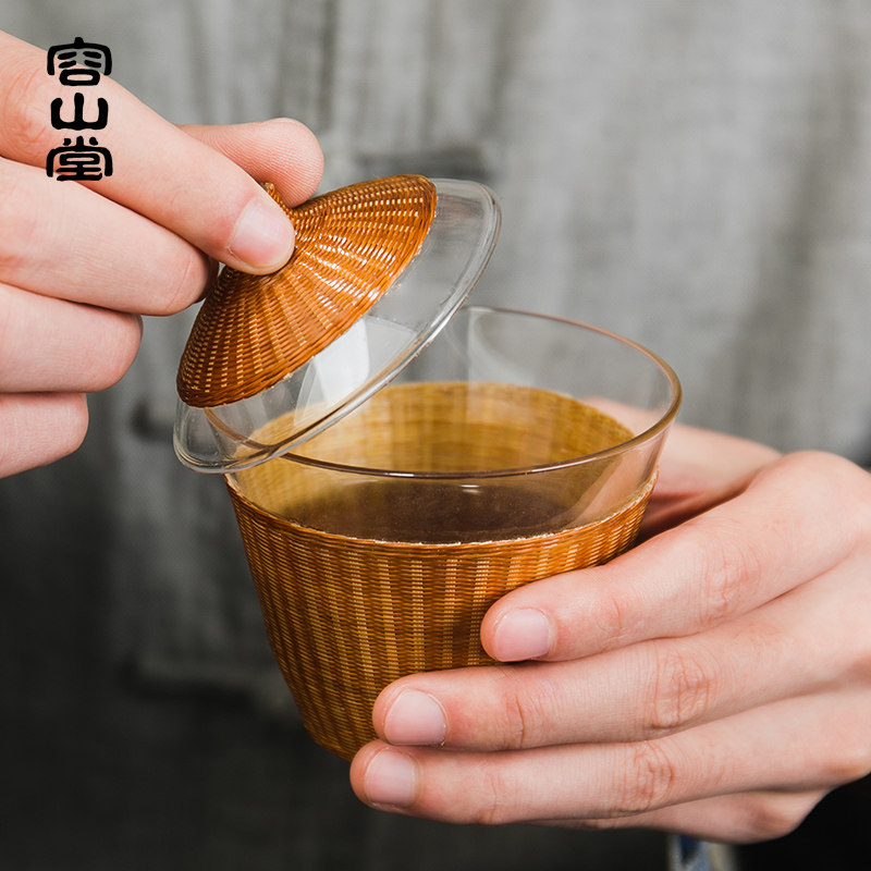 容山堂竹编玻璃盖碗加厚耐热三才茶E碗大号透明手工泡茶器功夫茶,餐饮具,盖碗,淘宝优惠券,粉丝福利购,淘宝优惠卷