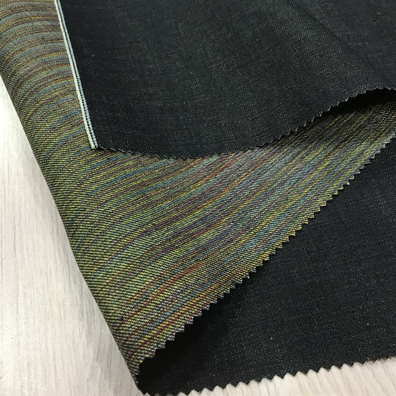 全棉赤料单宁牛仔布段彩底面耳,黑边彩Q虹底窄封牛仔面料