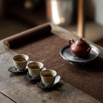 中件式纯手工茶锡杯垫复古功古夫z茶杯托做旧复老锡制茶道零MLY配