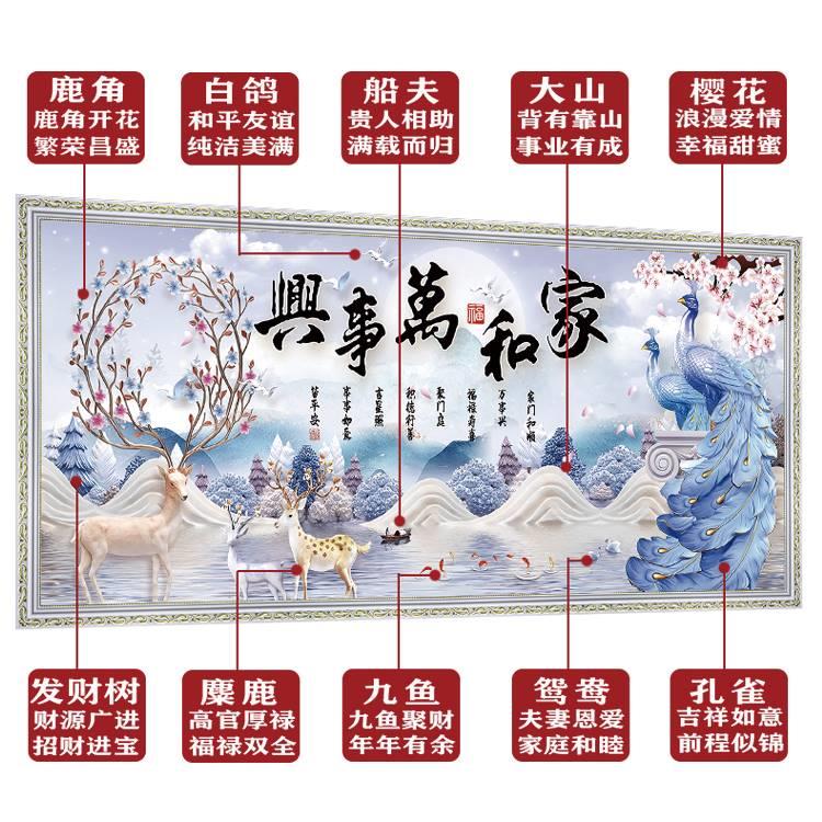 2020新款麋鹿装饰画客厅沙发背景墙壁贴画孔雀家和万事兴富贵花开图片