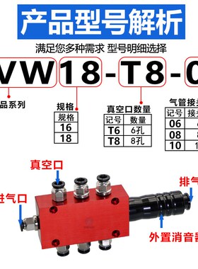 多孔位负压多级真空发生器大流量大吸力SVMH16/18-T6/8机械手气动