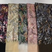 新款 多色亮片绣花面料彩色珠片蕾丝B面料婚纱礼服刺绣面料lace现