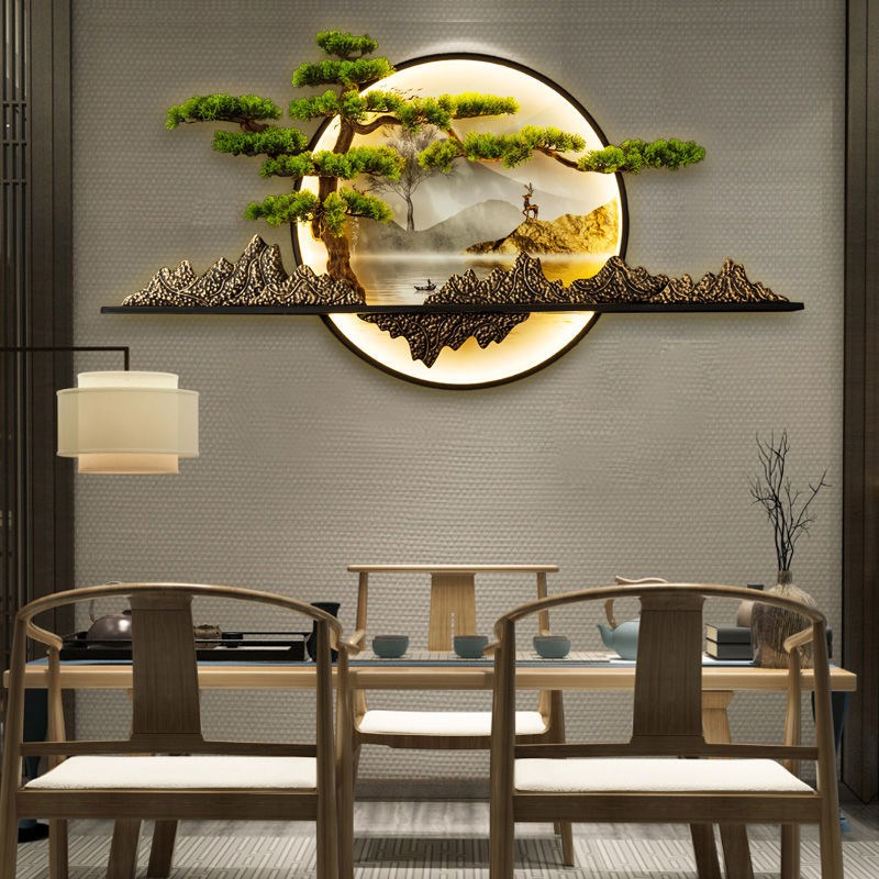 新中式客厅沙发背景墙现代装饰画y 画带灯迎客松挂件圆形茶台玄关