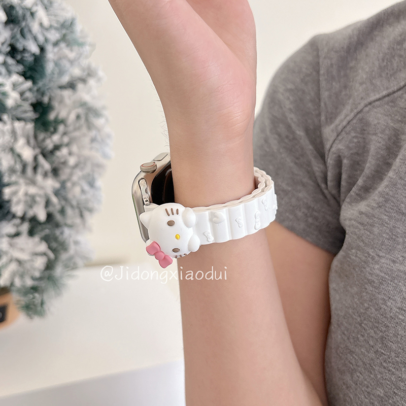 适用iwatch10表带S9苹果S10手表8可爱立体kittyS7磁吸Applewatch6弹力S5表带SE少女4闺蜜ultra2女watchs腕带3