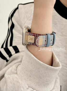 适用iwatch11表带苹果S9手表applewatch8英伦毛呢拼色格子S7女S6新款S5腕带4透气SE布质小众S11创意ultra23男