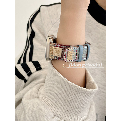 适用iwatch11表带苹果S9手表applewatch8英伦毛呢拼色格子S7女S6新款S5腕带4透气SE布质小众S11创意ultra23男