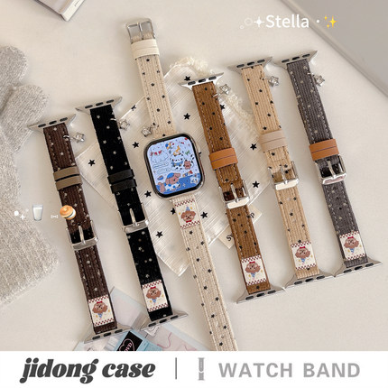 适用applewatchS11/10秋冬可爱灯芯绒礼帽小狗表带苹果手表ultra3/2女闺蜜iwatch9/8/7/6新款休闲百搭SE腕带