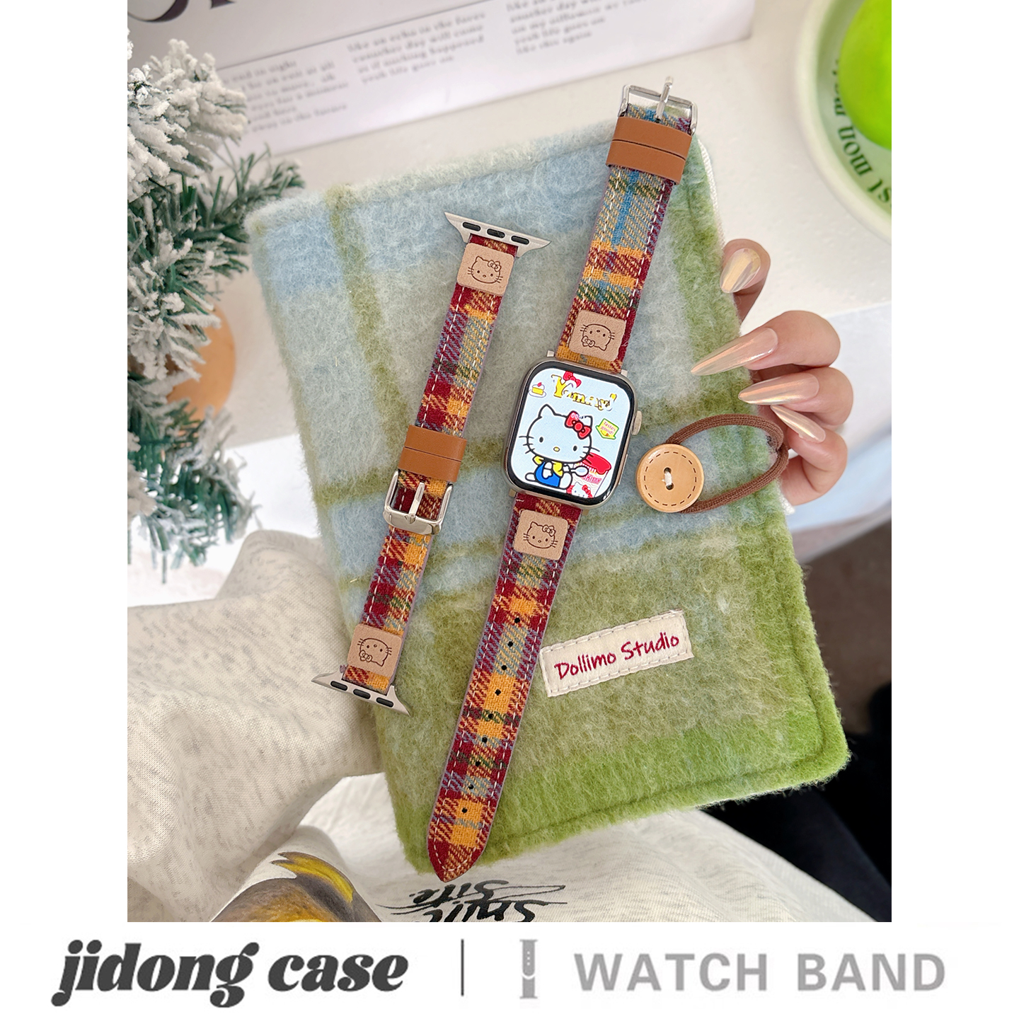 适用applewatchS11/10秋冬彩虹色格子kitty表带苹果手表ultra3/2男女闺蜜iwatch9/8/7/6新款皮质小蛮腰SE腕带