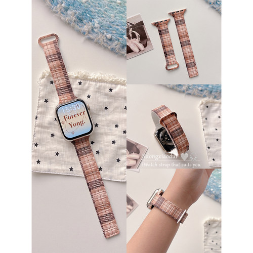 适用applewatchS11/10韩系格纹星星卡通磁吸表带苹果手表ultra3/2男女情侣iwatch9/8/7/6新款运动透气SE腕带