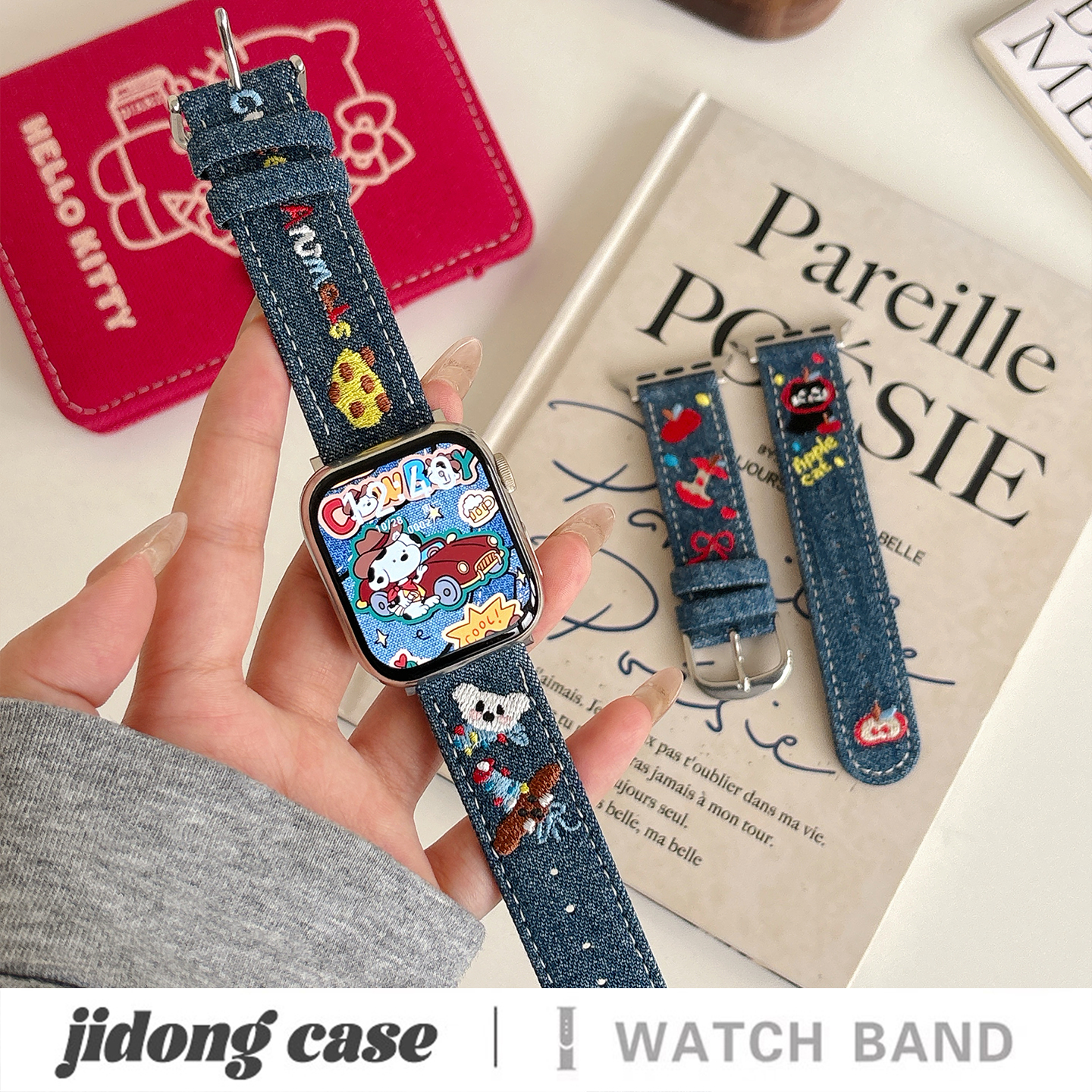 适用applewatchS11/10可爱刺绣猫咪小狗牛仔布表带苹果手表ultra3/2女闺蜜iwatch9/8/7/6新款休闲百搭SE腕带