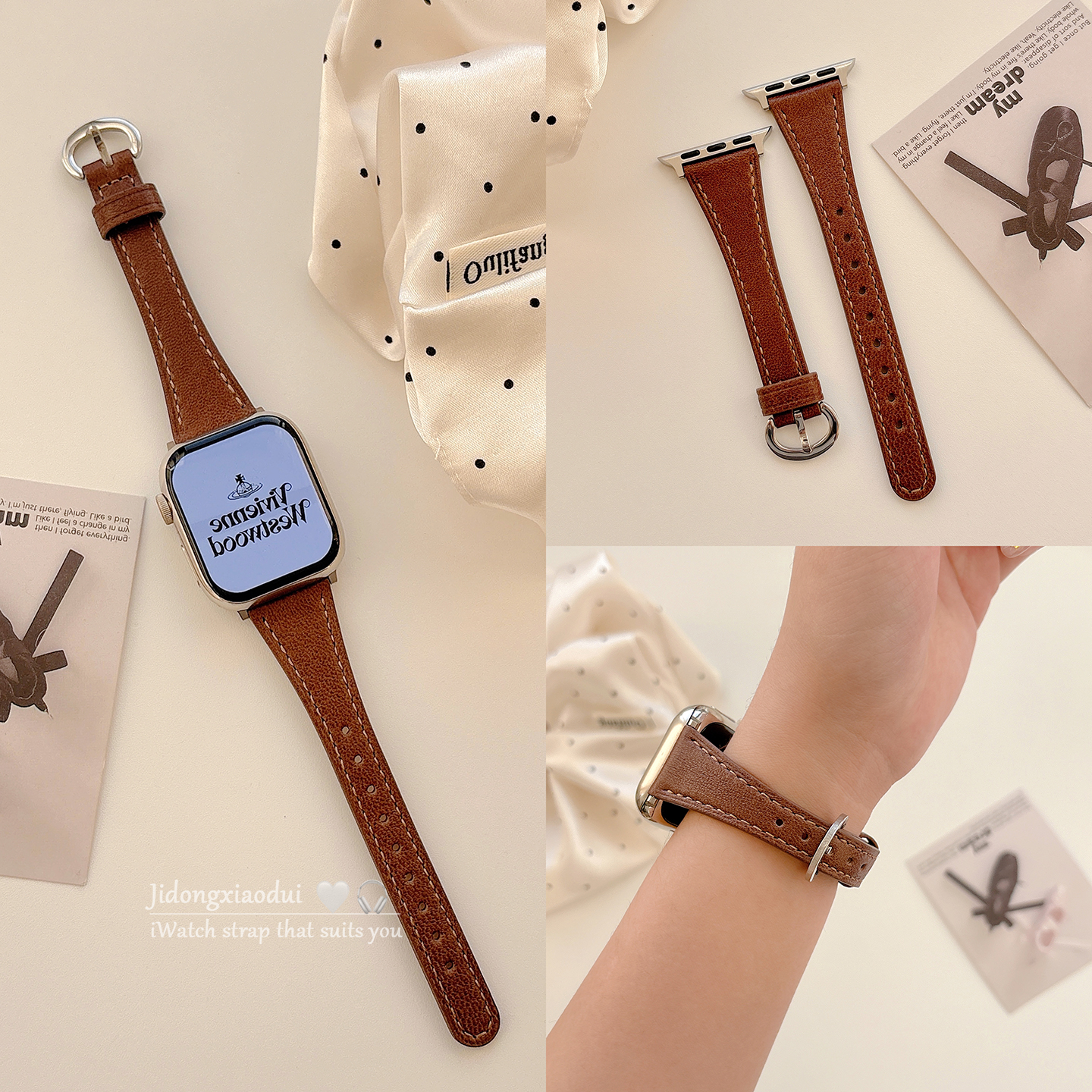 适用applewatchS11/10复古棕色真皮细款表带苹果手表ultra3/2高级感女闺蜜iwatch9/8/7/6新款休闲百搭SE腕带