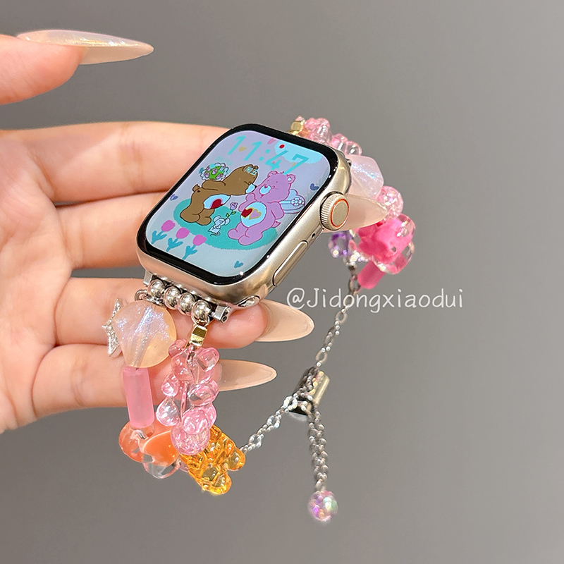 适用iwatch9苹果手表applewatch10表带s10可爱糖果小熊串珠手链s8s7软萌Ultra2新款45SE简约s6女款S9高级小众