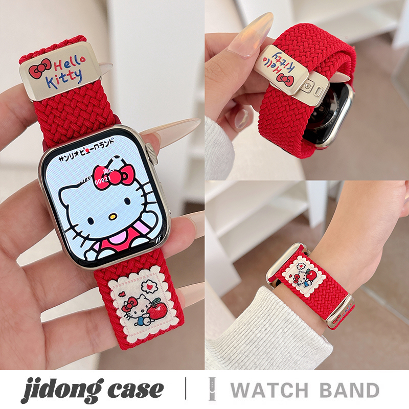 适用iwatch10苹果手表applewatch9表带s10可爱苹果kitty尼龙编织s8s7磁吸Ultra2新款45SE纯色s6女S9闺蜜小众