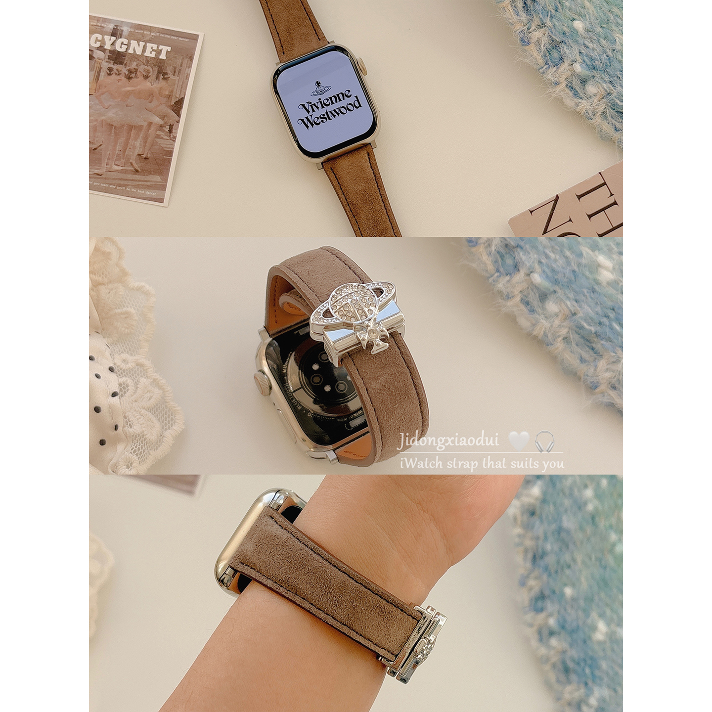 适用applewatchS11/10暖冬翻毛皮闪钻土星磁吸表带苹果手表ultra3/2女闺蜜iwatch9/8/7/6新款休闲百搭SE腕带
