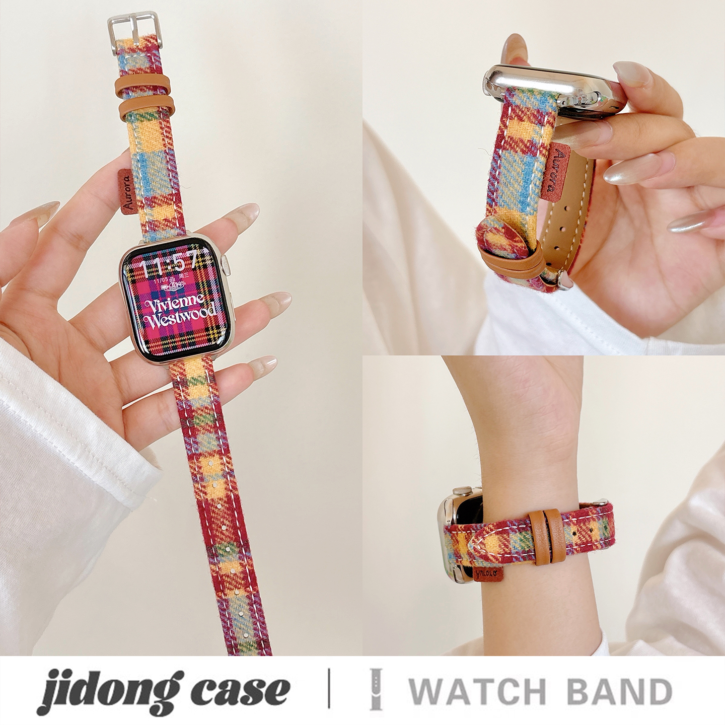 适用applewatchS11/10秋冬彩虹毛呢皮质小蛮腰表带苹果手表ultra3/2女闺蜜iwatch9/8/7/6新款休闲百搭SE腕带