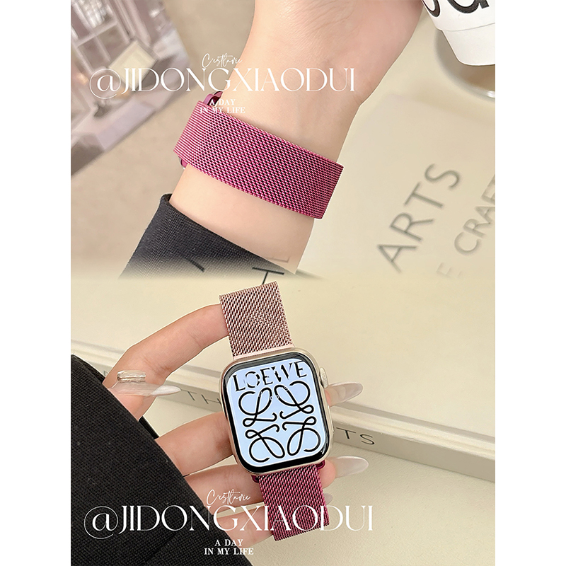 适用iwatch10表带苹果S10手表applewatch9夏日蜜桃色米兰尼斯磁吸S9女S8新款S7腕带8透气SE小众S6创意ultra男