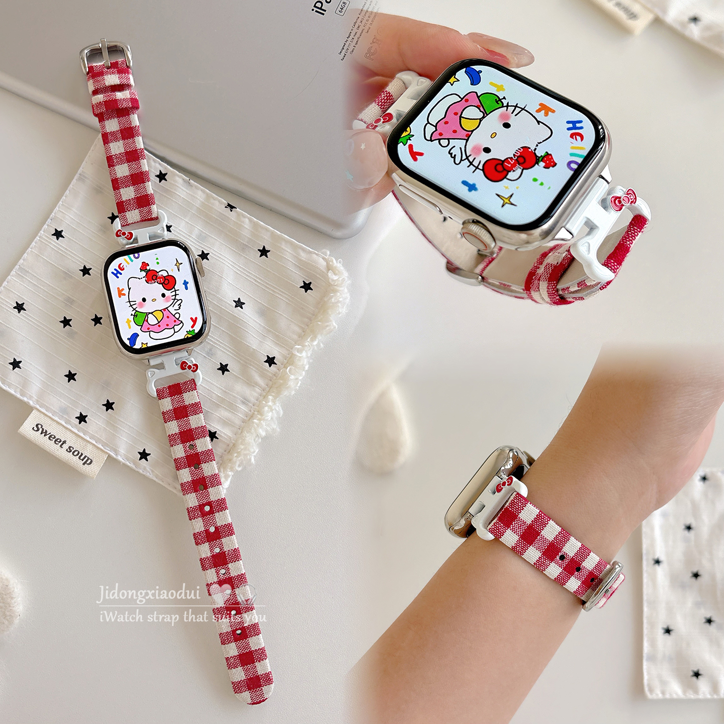 适用于iwatch11苹果手表applewatch10表带s9韩系kitty格子布s8s7休闲百搭Ultra23新款45SE透气6女款闺蜜小众