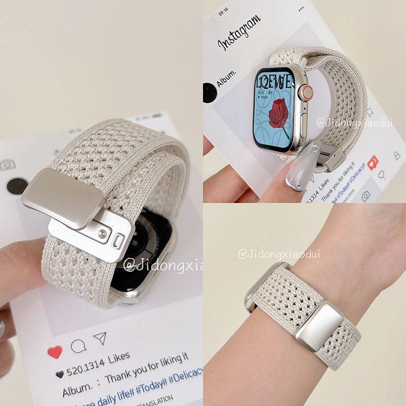 适用iwatch10苹果手表applewatch9表带s10夏日洞洞回环针织s8运动s7透气磁吸Ultra2新款45SE简约s6男女S9小众