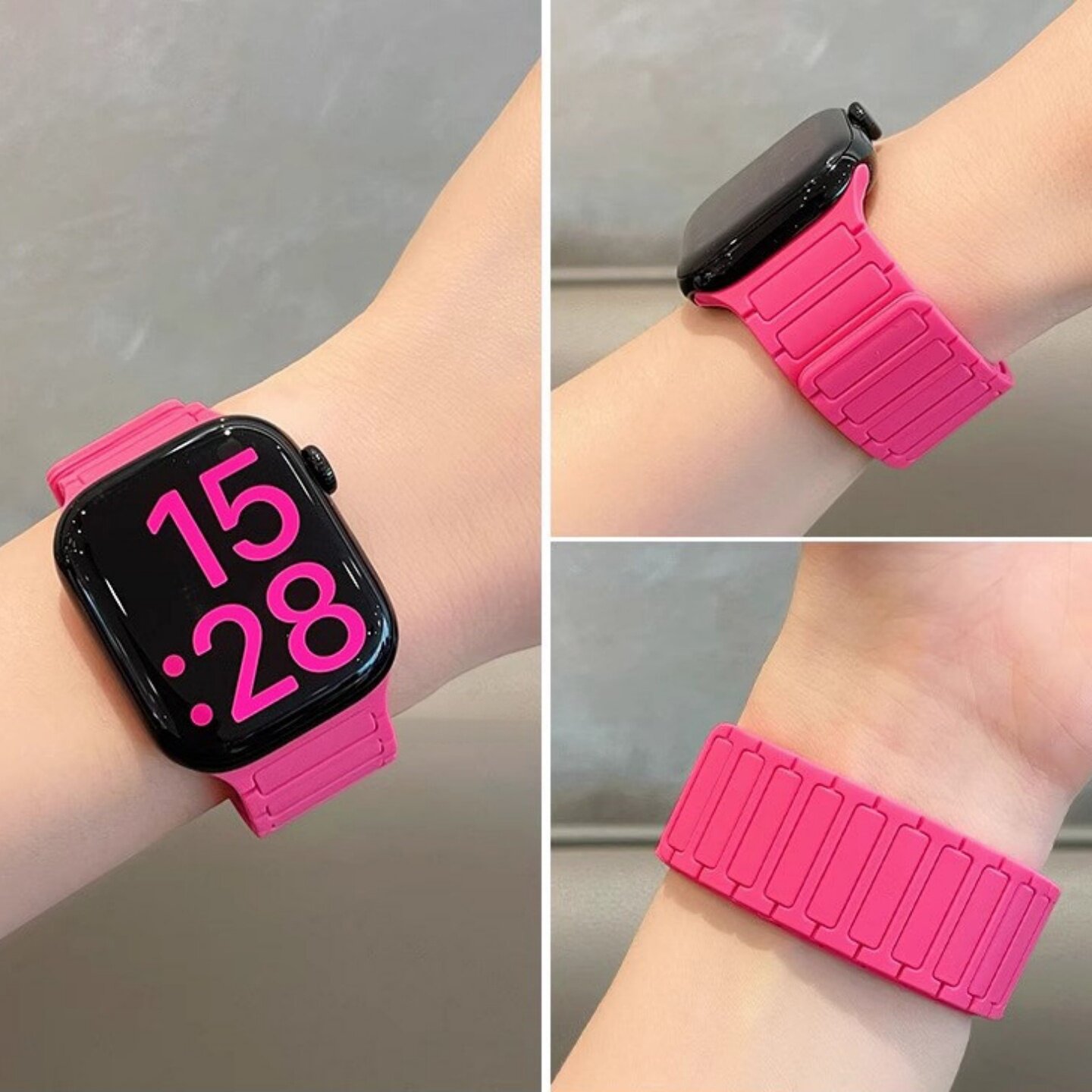 适用applewatchS11/10张婧仪同款牡丹色硅胶磁吸表带苹果手表ultra3/2情侣iwatch9/8/7/6新款透气SE小众腕带