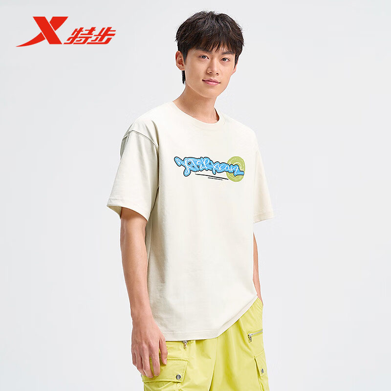 特步短袖男2025夏季新款圆领潮流字母印花文化针织衫975229010141