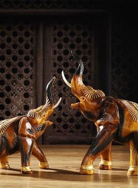 泰国工艺品木制桌面摆件家t居柜台动物装饰品开业玄关酒柜大象招