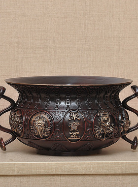 紫铜色聚宝盆g摆件纯铜风水招财家用家居客厅玄关办公室桌面装饰