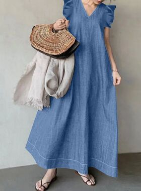 Casual V-neck denim loose long dressV 领牛仔宽松长款连衣裙女