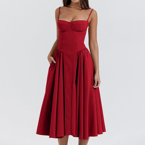 Low cut waist cinching strapless dress低胸收腰抹胸吊带连衣裙