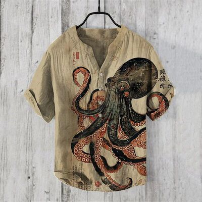 3D数码印花V领短袖男衬衫