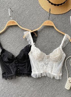 Solid color fishbone lace small sling 纯色鱼骨蕾丝露脐小吊带