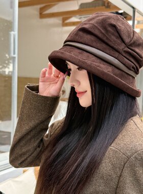 韩版赫本风灯芯绒渔夫帽女秋冬防风造型堆堆帽大头围显脸小水桶帽