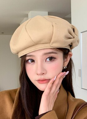 满天星水钻百搭显脸小盆帽女时髦秋冬蝴蝶结八角帽复古气质贝雷帽