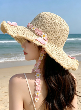 甜美大檐草帽子女夏季海边度假草编防晒遮阳帽花朵装饰毛边沙滩帽