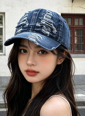 新款美式复古水洗牛仔破洞棒球帽女夏防晒遮阳鸭舌帽大头围显脸小